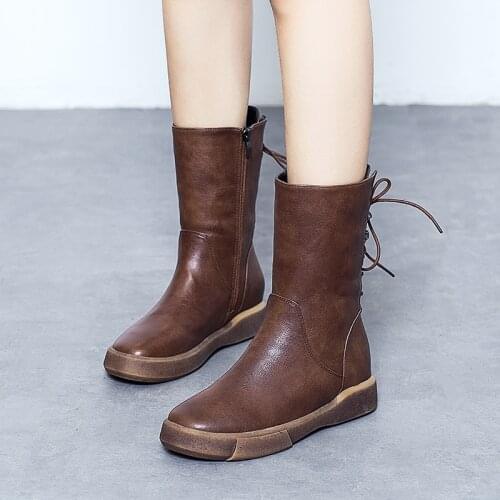 Genuine leather shz boots female 2019 winter new flat bottom plus velvet cotton boots british wind retro wild womens bootshj