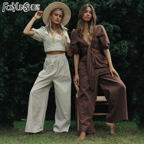 2 Piece Set 2021 Women Summer Korean Style Fashion Bowknot Puff Sleeve Short Top Crops High Waist Wide Leg Straight Pants Suit