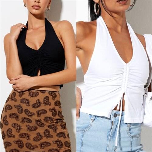 2021 Fashion Trend Women Summer Crop Tops Solid Color V-Neck Backless Tied Drawstring Tank Streetwear Skinny Vest for Girls