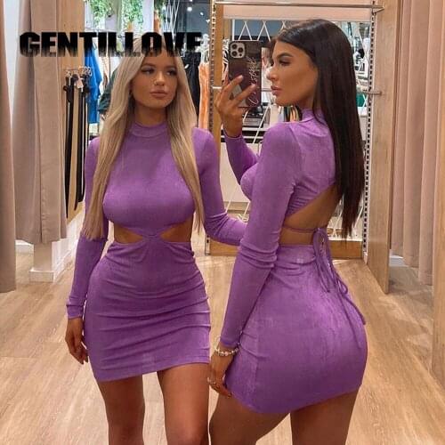 Women Long Sleeve Bodycon Slim Pencil Mini Dress Female Crew Collar Hollowed Out Backless Lace Up Tight Solid High Street Sexy