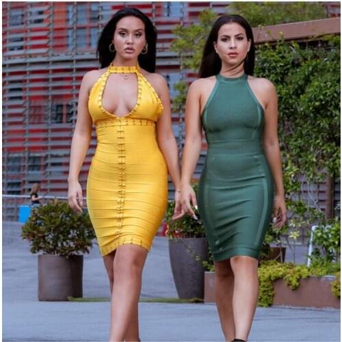 Yellow Sleeveless Beading Rayon Bandage Dress 2020 Summer Evening Wine Club Party Dress
