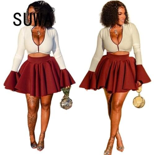 2021 Hot Recommend Style French Elegant 2 Piece Outfits Women Matching Sets Long Sleeve Slim Tops Pleated Skirts Party Dress