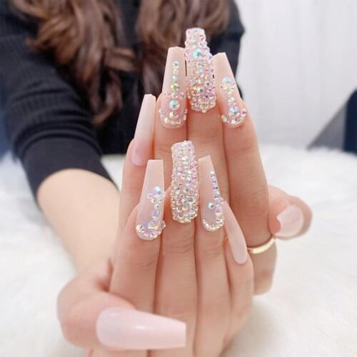 24pcs Coffin False Full Diamonds Nails Patch Glue Type Long Paragraph Fashion Manicure Patch False Nails Patch NE