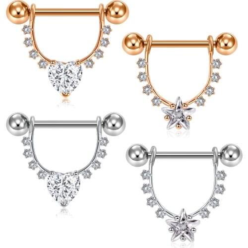 Body accessories A pair of surgical steel 1/2 inch (12 mm) D-rings CZ heart-shaped & star-shaped pendant nipple barbell