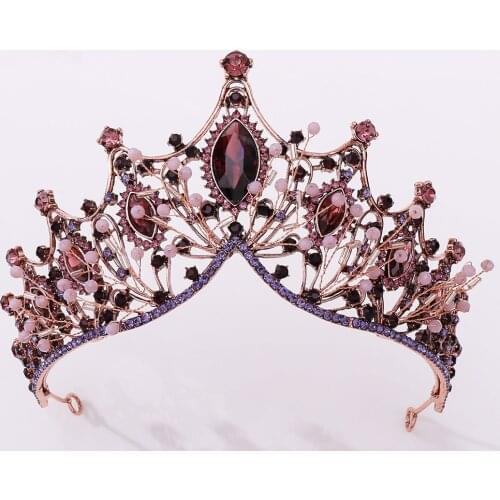 Baroque Vintage Purple Crystal Flowers Bridal Tiaras Crown Head Pieces Black Rhinestone Pageant Crowns Wedding Hair Accessories