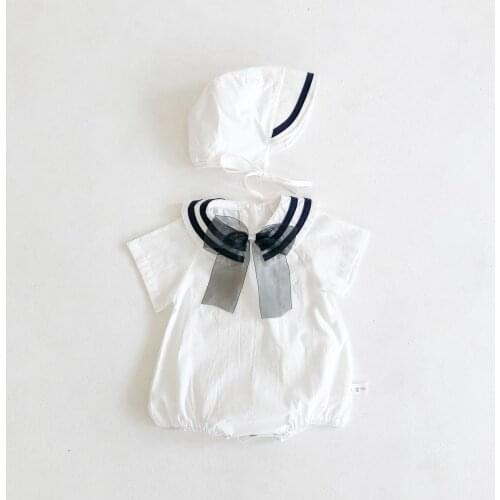 Newborn Baby Romper Sailor Summer Toddler Jumpsuit For Girls Bow Decoration Collar Baby Boys Clothes With Hat Navy Playsuit 0-2Y