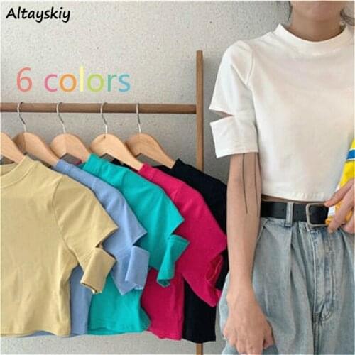 T-shirts Women Chic Hollow Out Cotton Summer Trendy Schoolgirls Tops Tee Solid Simple White All-match Lady Crop Top High Street