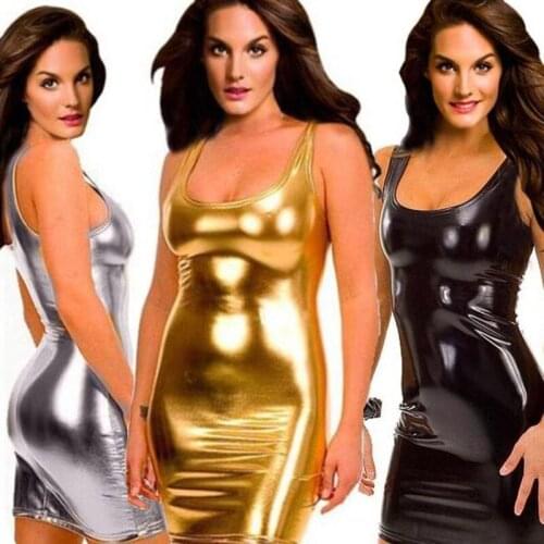 Hot Erotic Sexy Lingerie Womens Wetlook Patent Leather Sleeveless Bodycon Mini Dress Clubwear Catsuit Sex Tight Porno Costumes