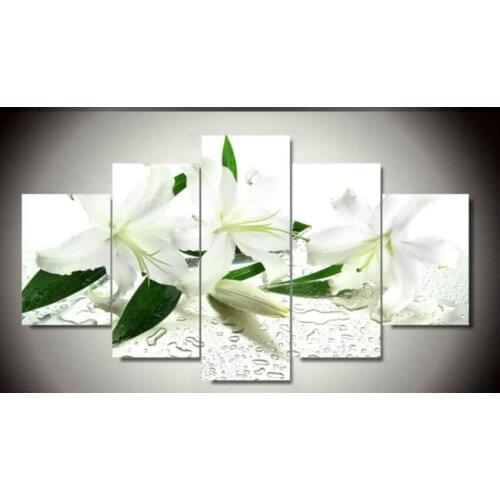 Hot sell 5 Panels White flowers Painting Wall Art Picture Home Decoration Living Room Canvas Print Modern Painting unframed