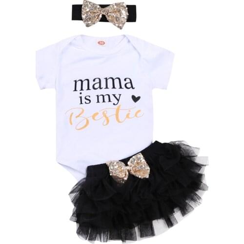 3 PCS Baby Girl Clothes Set Short-Sleeved Round Neck Letter Printed Romper+Tutu Lace Skirt +Sequin Bow Headband Outfits