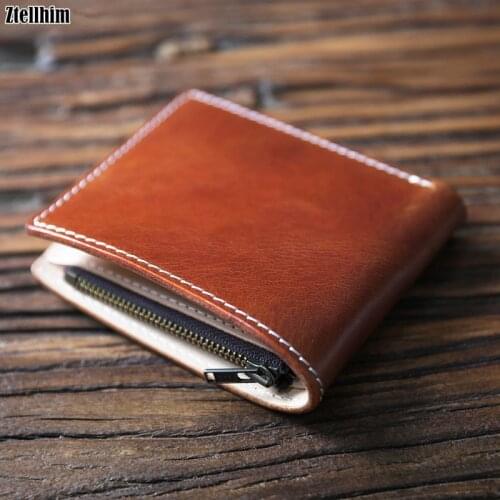 100% Genuine Leather Wallet For Men Male Vintage Handmade Cowhide Short Bifold Wallets Purse With Card Holder Zipper Coin Pocket