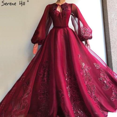 Wine Red Long Sleeve Sexy Evening Dresses 2020 Handmade Flowers Sequined Tulle Formal Dress Serene Hill LA60810