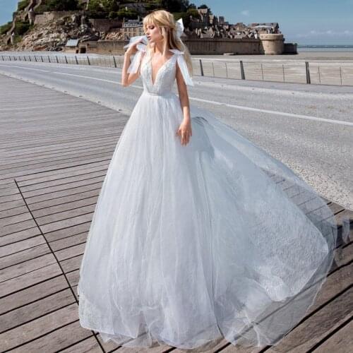 V-Neck Bows In Shoulders Appliques Lace A-Line Backless Tulle Wedding Dress 2021 Vestido De Noiva Bridal Gown