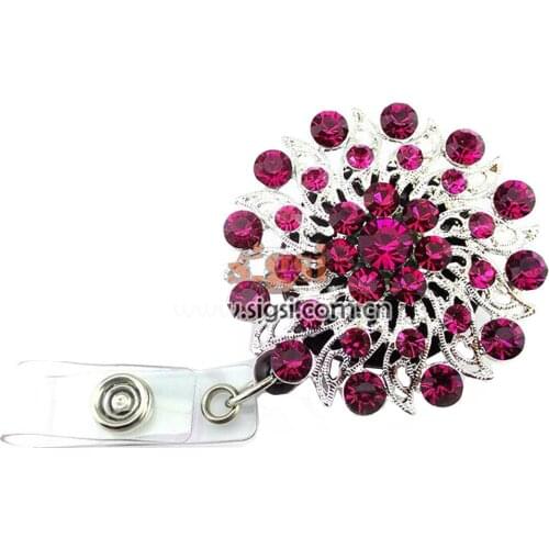 Wholesale Vintage Dark Pink Crystal Rhinestone Retractable Reel ID Badge Holder