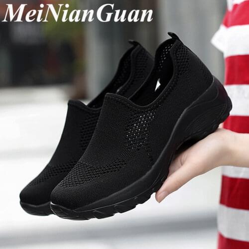 Plus Size Women Shoes Light Weight Womens Sneakers Low Top Flat Shoes Female Breathable Summer Shoe Woman Black Sock Shoe L26