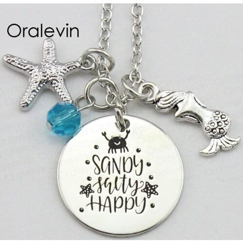 SANDY SALTY HAPPY Inspirational Hand Stamped Engraved Custom Round Pendant Necklace for Women Fashion Jewelry,10Pcs/Lot, #LN2005