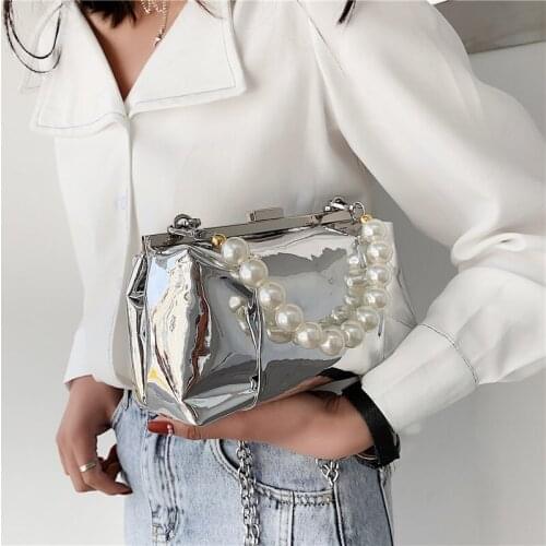 Pearl Chain Crossbody Bags for Women 2021 Trend Patent Leather Shoulder Bag Ladies Chain Fashion Luxury Designer Baguette Bag