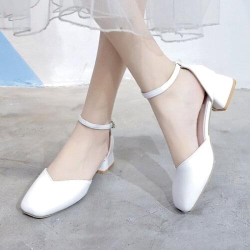 Women Pumps Ankle Strap Thick Hoof Heel Shoes Square Toe Mid Heels Dress Work Comfortable Ladies 5cm Green White