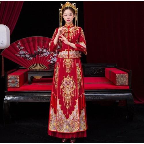 Golden Red Embroidery Oriental Stylish Modern Chinese Wedding Dress Long Traditional Clothes China Qipao китайская одежда