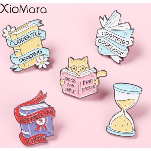 Reading Time! Bookish Dialogue Lapel Pins Hourglass Brooches Funny Book Pinback Buttons Collar Jewelry Gifts For Student Teacher