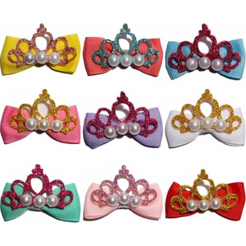 50PCS 5CM Chic Sequin Grosgrain Hair Bows With Pearls For Hair Clips Glitter Crown Hair Bow For Hairpins Headwear For Women