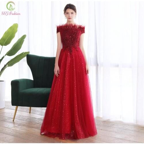 SSYFashion New Banquet Elegant Wine Red Evening Dress Boat Neck Lace Appliques with Feathers Prom Formal Gown Vestido De Noche