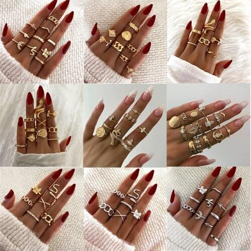 Boho Vintage Gold Knuckle Rings For Women Retro Snake Coin Moon Stars Chain Geometric Silver Lady Finger Rings Set Jewelry 2021