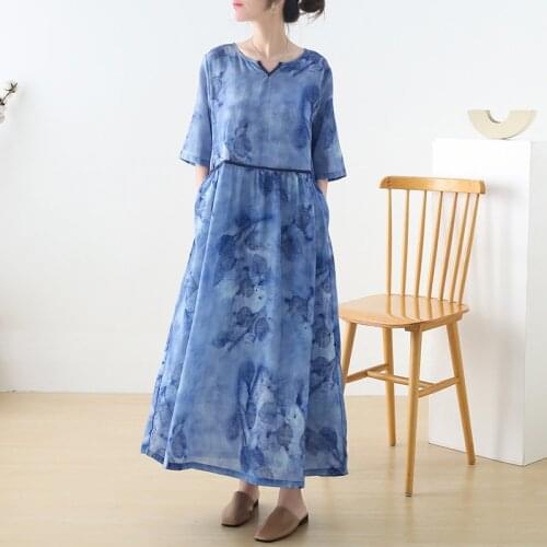 Johnature Women Vintage Ramie Dress V-Neck Print Floral Three Quarter Sleeve Pocket Long Dress 2021 Summer New Loose Dress