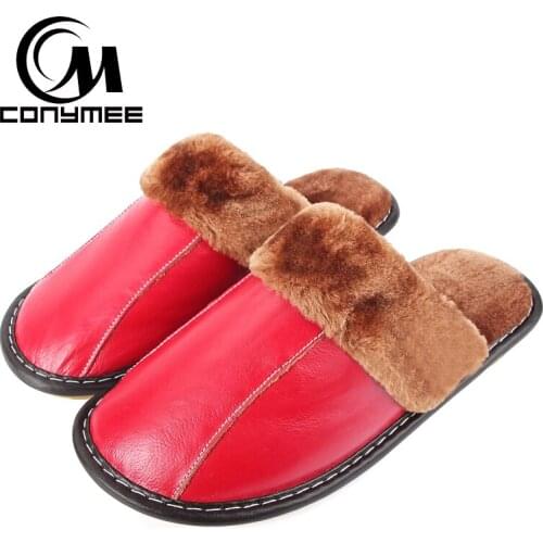 CONYMEE Woman Slippers 2018 Winter Genuine Leather Shoes Ladies Indoor Home Slipper Pantuflas Men Plush Sneakers Warm Flat Shoe