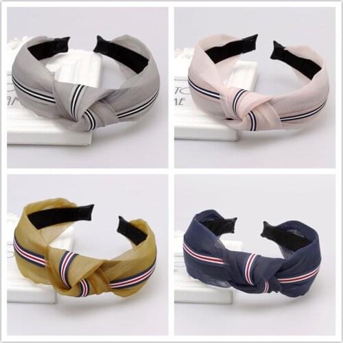 Women Girls Knot Mesh Headband Stripe Pattern Headdress Hair Clasp Band Face Wash Makeup Headwear