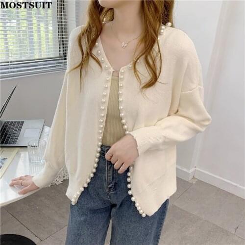 Pearl Buttons Elegant Cardigan Tops Women 2021 Autumn Winter Full Sleeve O-neck Sweater Solid Chic Stylish Ladies Jumpers