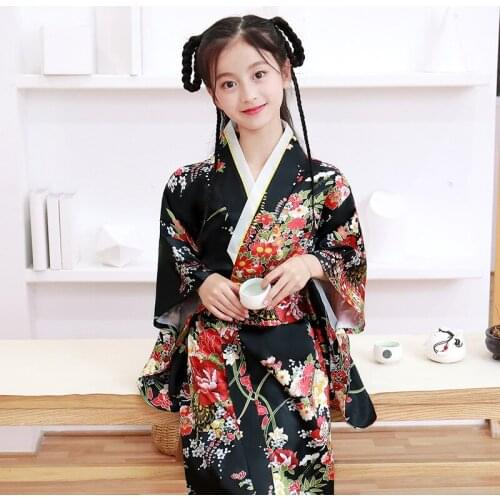 Spring, summer, autumn and winter new childrens kimono Japanese bathrobe girl princess dress performance dress temperament bow