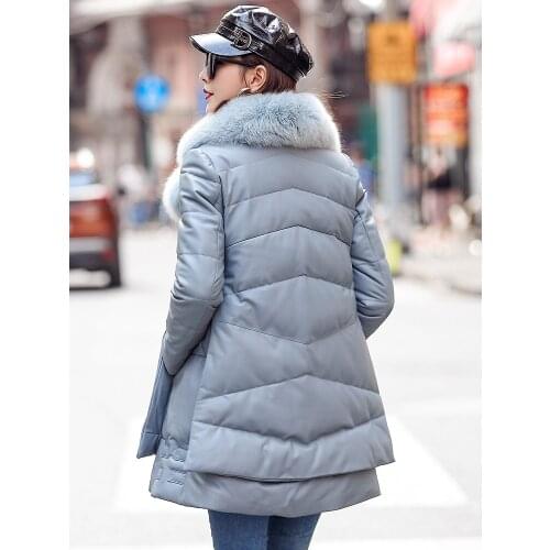 Women Genuine Winter Jacket 100% Sheepskin Coat Fox Fur Collar Long Luxury Leather Down Jackets MFCM126244A