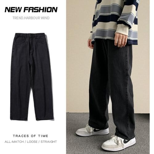 2021 Autumn New Streetwear Baggy Jeans Men Korean Fashion Loose Straight Wide Leg Pants Male Brand Clothing Black Light Blue