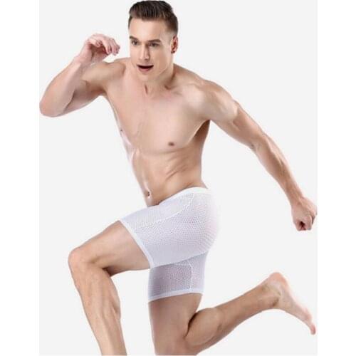 Plus Size 4XL Men Underwear Ice Silk Panties Mesh Underpants Man Sexy Long Boxer Shorts Breathable Briefs Elastic Workout Pants