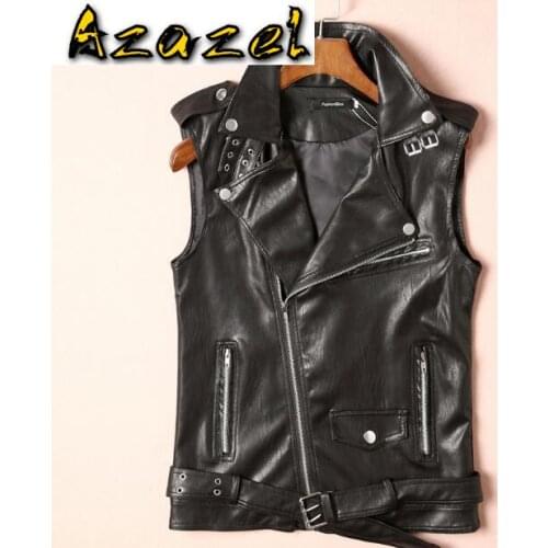 New Mens Fashion sleeveless PU leather vest male tide punk diagonal zipper leather vests lapel waistcoat motorcycle Men Coat