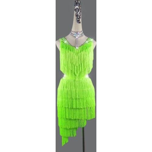 Latin Dance Dress Women Tassel V-Type Mesh Dance Wear Whole Body Tassel Line Salsa Fringe Dress Latina 2pcs Dress&Shorts QY-52