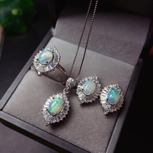 Anniversary Best Gift Opal Set Natural And Real Opal Jewelry set 925 sterling silver 1pc Ring,1pc Pendant,2pcs Earring