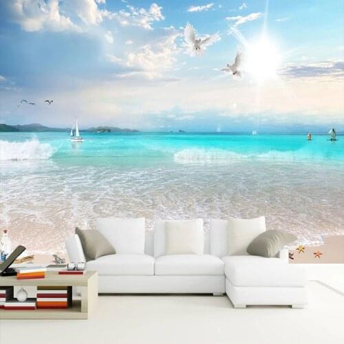 Custom Photo Wallpaper 3D Blue Sky And White Cloud Beach Seascape Murals Living Room TV Sofa Hotel Background Wall Painting 3 D