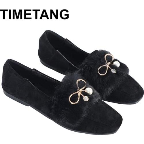 TIMETANGPlus Size Casual Chaussures Woman Bow Bow Crystal Pea Boat Shoes Loafers Flats Moccasins Square Toe Autumn Winter Rabbit