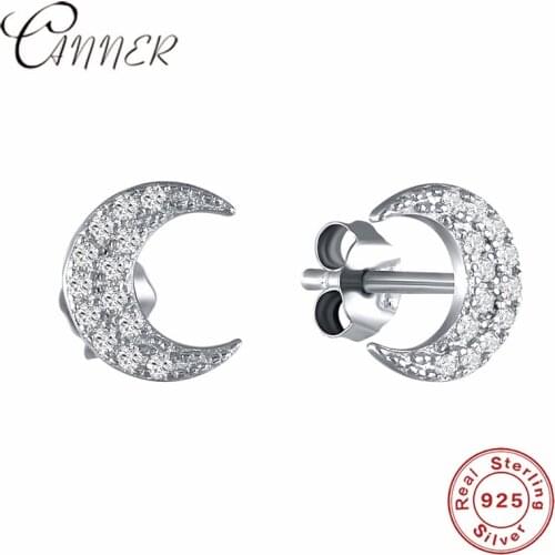 CANNER Cute Lovely Small Moon Stud Earrings for Women 925 Sterling-silver-jewelry Concise Mini CZ Zircon Moon Earrings Girls