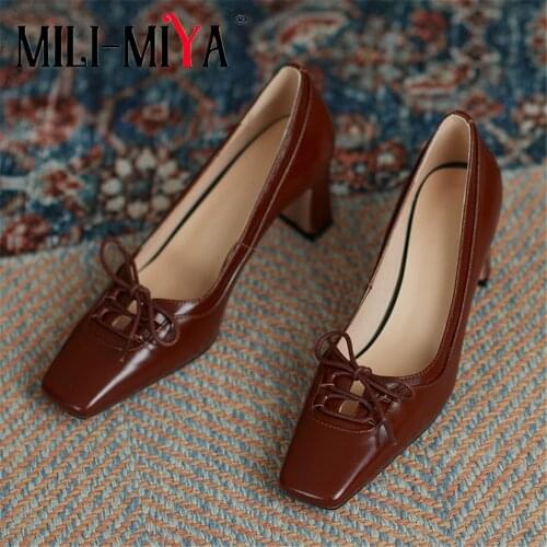 MILI-MIYA New Arrival Women Full Genuine Leather Fashion Square Toe Butterfly Knot Thick Heels Dress Party Shoes Plus Size 34-43