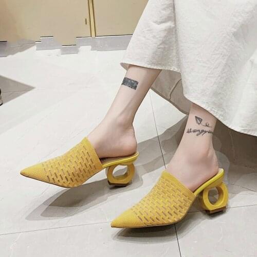 2020 7cm Fretwork Heels Pointed Toe Slippers Women Shoes Stretch Fabric Air Mesh Mules Flip Flop Slip on Slides Plus Size 43