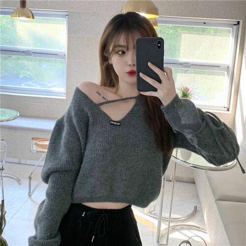 Woman Sweaters Pull Hiver Autumn and Winter 2020 off-the-Shoulder Short Lace-up Knitted Sweater for Women Femme Chandails