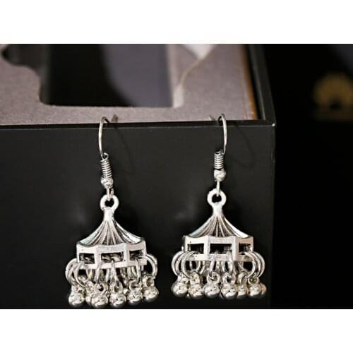 Boho Ethnic Indian Earring Jhumka Silver Color Vintage Roof Shape Bell Tassel Dangle Hanging Earrings For Women Gypsy Jewelry