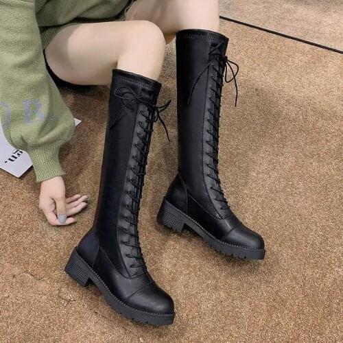 Gothic Punk Front Lace Up Knee High Boots For Women Platform Suede Motorcycle Boots Autumn Winter 2021 Demonia Leather Shoes New