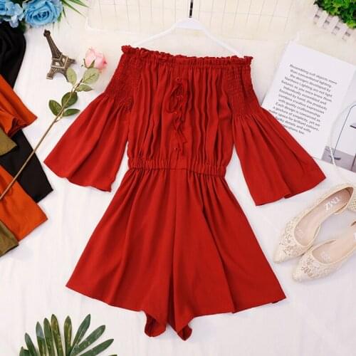 2021 Summer Slash Neck Flare Sleeve Women Rompers Lace Up Bandage Ruffles Bow Jumpsuit Elastic Slim Wrapped Rope Beach Playsuits