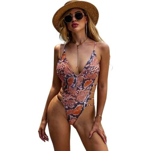 One Piece Sexy Swimsuit For Women 2021 Summer New Snakeskin Printed Backless Bikini Feminino Push Up Beach Swimwear