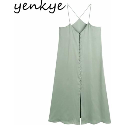 YENKYE Vintage Solid Satin Sling Sexy Dress Women V Neck Sleeveless A-line Long Dress Female Summer Night Out Vestido