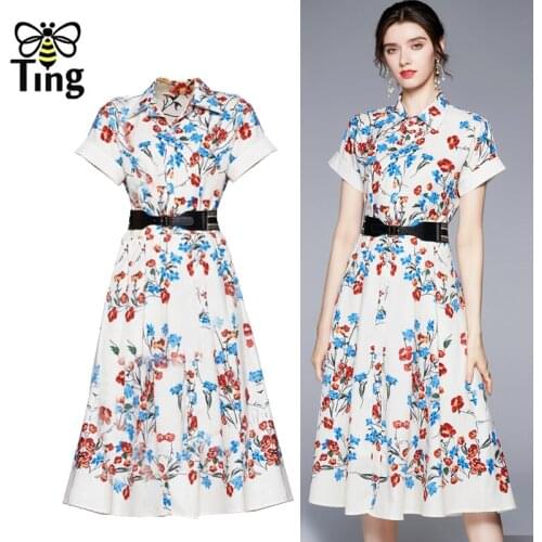 Tingfly Summer Fashion Vintage Elegant Button Up Lady Office Style A Line Dress with Belt Casual Floral Chic Midi Long Robe Za